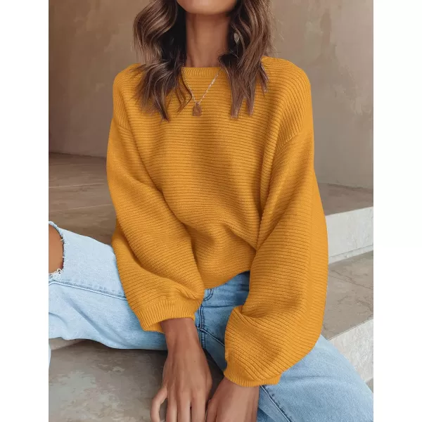 ZESICA Womens 2024 Crew Neck Long Lantern Sleeve Casual Loose Ribbed Knit Solid Soft Pullover Sweater TopsGinger