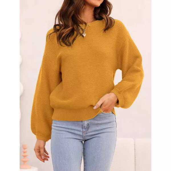 ZESICA Womens 2024 Crew Neck Long Lantern Sleeve Casual Loose Ribbed Knit Solid Soft Pullover Sweater TopsGinger