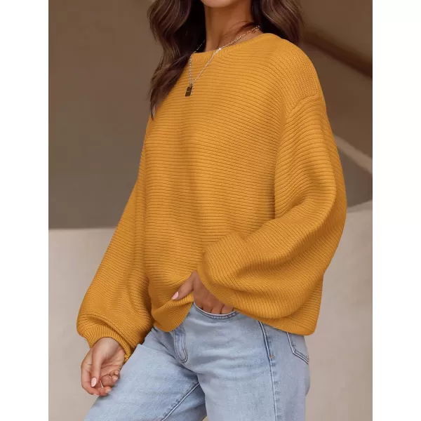 ZESICA Womens 2024 Crew Neck Long Lantern Sleeve Casual Loose Ribbed Knit Solid Soft Pullover Sweater TopsGinger