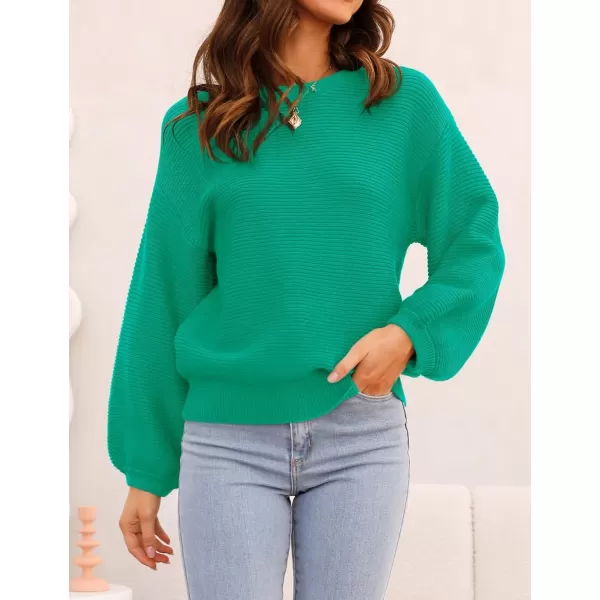 ZESICA Womens 2024 Crew Neck Long Lantern Sleeve Casual Loose Ribbed Knit Solid Soft Pullover Sweater TopsGreen