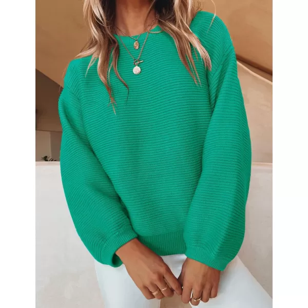 ZESICA Womens 2024 Crew Neck Long Lantern Sleeve Casual Loose Ribbed Knit Solid Soft Pullover Sweater TopsGreen