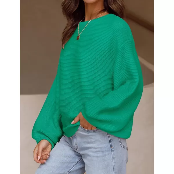 ZESICA Womens 2024 Crew Neck Long Lantern Sleeve Casual Loose Ribbed Knit Solid Soft Pullover Sweater TopsGreen