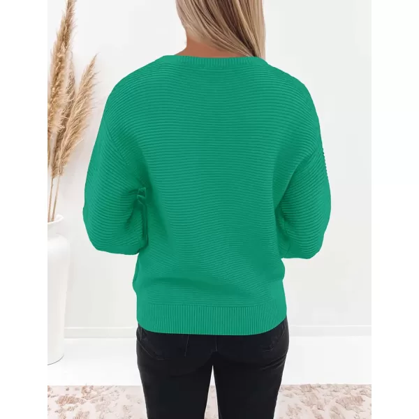 ZESICA Womens 2024 Crew Neck Long Lantern Sleeve Casual Loose Ribbed Knit Solid Soft Pullover Sweater TopsGreen