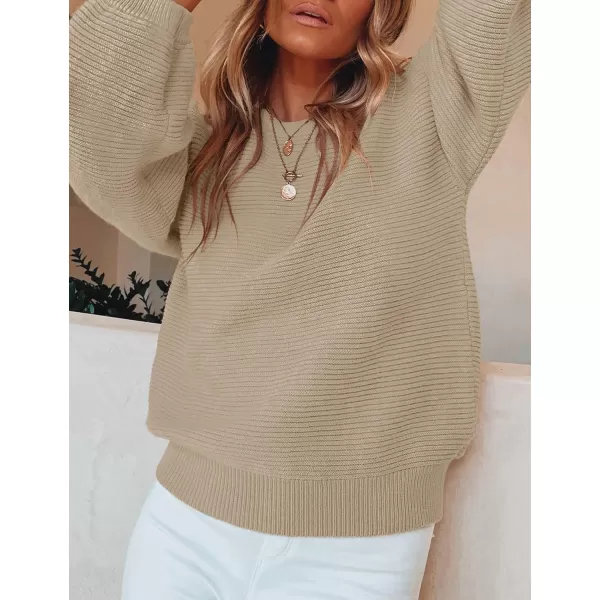 ZESICA Womens 2024 Crew Neck Long Lantern Sleeve Casual Loose Ribbed Knit Solid Soft Pullover Sweater TopsKhaki