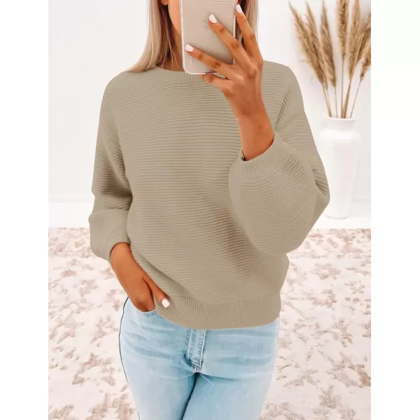 ZESICA Womens 2024 Crew Neck Long Lantern Sleeve Casual Loose Ribbed Knit Solid Soft Pullover Sweater TopsKhaki