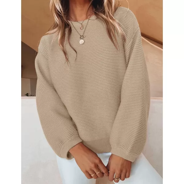 ZESICA Womens 2024 Crew Neck Long Lantern Sleeve Casual Loose Ribbed Knit Solid Soft Pullover Sweater TopsKhaki