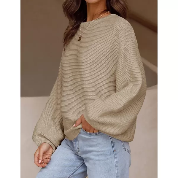 ZESICA Womens 2024 Crew Neck Long Lantern Sleeve Casual Loose Ribbed Knit Solid Soft Pullover Sweater TopsKhaki