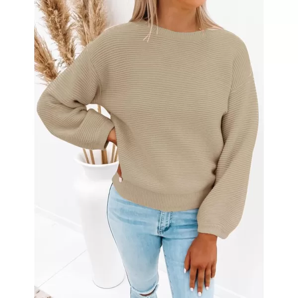 ZESICA Womens 2024 Crew Neck Long Lantern Sleeve Casual Loose Ribbed Knit Solid Soft Pullover Sweater TopsKhaki
