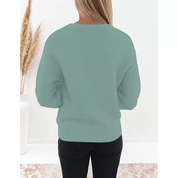 ZESICA Womens 2024 Crew Neck Long Lantern Sleeve Casual Loose Ribbed Knit Solid Soft Pullover Sweater TopsLake