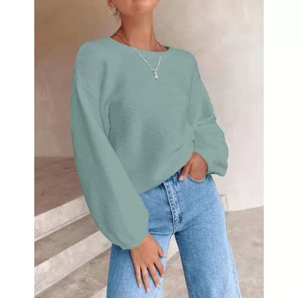 ZESICA Womens 2024 Crew Neck Long Lantern Sleeve Casual Loose Ribbed Knit Solid Soft Pullover Sweater TopsLake