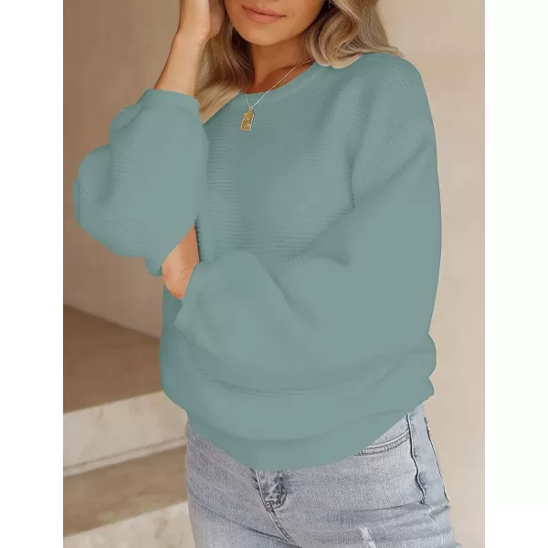 ZESICA Womens 2024 Crew Neck Long Lantern Sleeve Casual Loose Ribbed Knit Solid Soft Pullover Sweater TopsLake