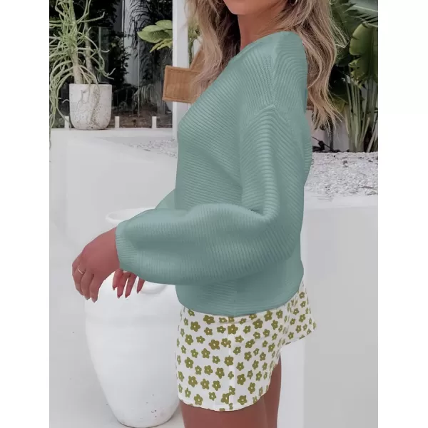 ZESICA Womens 2024 Crew Neck Long Lantern Sleeve Casual Loose Ribbed Knit Solid Soft Pullover Sweater TopsLake