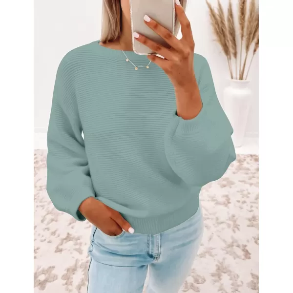 ZESICA Womens 2024 Crew Neck Long Lantern Sleeve Casual Loose Ribbed Knit Solid Soft Pullover Sweater TopsLake