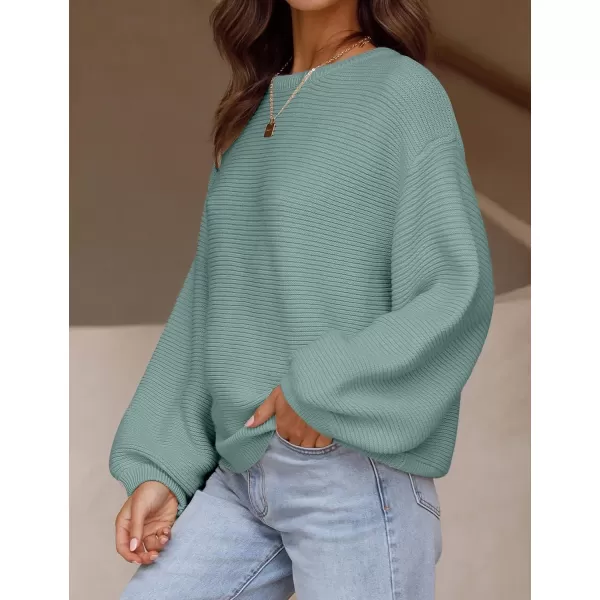ZESICA Womens 2024 Crew Neck Long Lantern Sleeve Casual Loose Ribbed Knit Solid Soft Pullover Sweater TopsLake