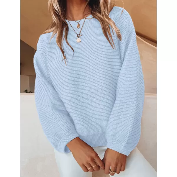 ZESICA Womens 2024 Crew Neck Long Lantern Sleeve Casual Loose Ribbed Knit Solid Soft Pullover Sweater TopsLightblue
