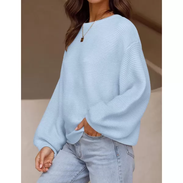 ZESICA Womens 2024 Crew Neck Long Lantern Sleeve Casual Loose Ribbed Knit Solid Soft Pullover Sweater TopsLightblue