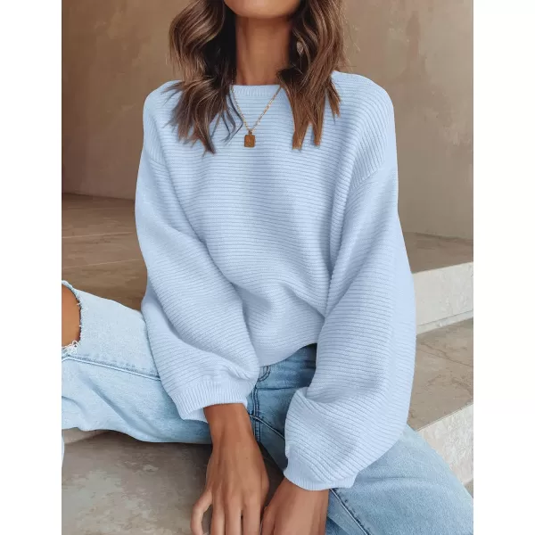 ZESICA Womens 2024 Crew Neck Long Lantern Sleeve Casual Loose Ribbed Knit Solid Soft Pullover Sweater TopsLightblue