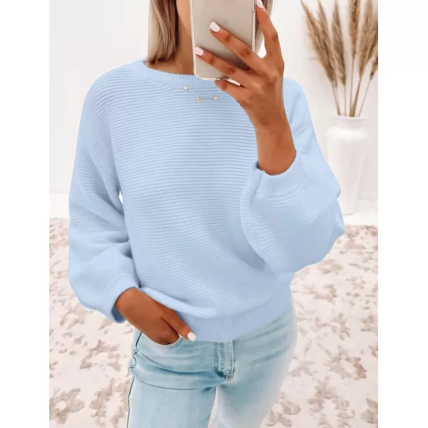 ZESICA Womens 2024 Crew Neck Long Lantern Sleeve Casual Loose Ribbed Knit Solid Soft Pullover Sweater TopsLightblue