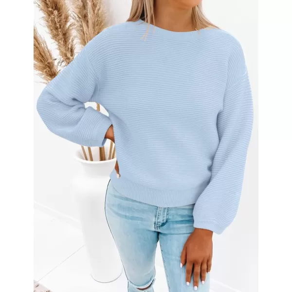 ZESICA Womens 2024 Crew Neck Long Lantern Sleeve Casual Loose Ribbed Knit Solid Soft Pullover Sweater TopsLightblue