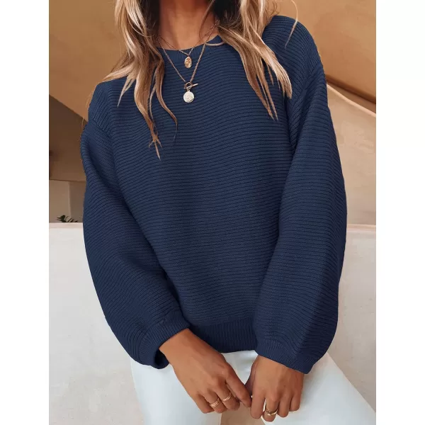 ZESICA Womens 2024 Crew Neck Long Lantern Sleeve Casual Loose Ribbed Knit Solid Soft Pullover Sweater TopsNavy