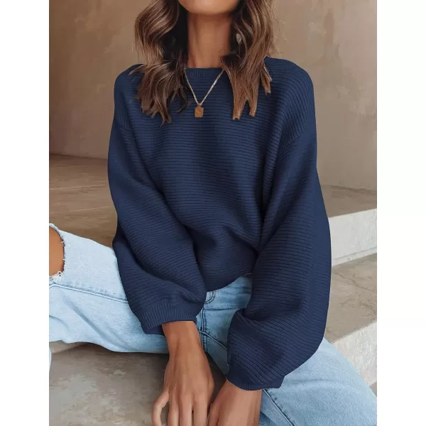 ZESICA Womens 2024 Crew Neck Long Lantern Sleeve Casual Loose Ribbed Knit Solid Soft Pullover Sweater TopsNavy