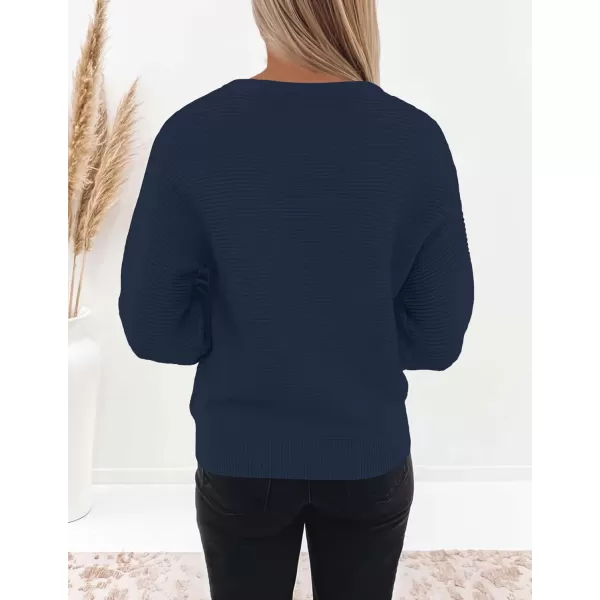ZESICA Womens 2024 Crew Neck Long Lantern Sleeve Casual Loose Ribbed Knit Solid Soft Pullover Sweater TopsNavy