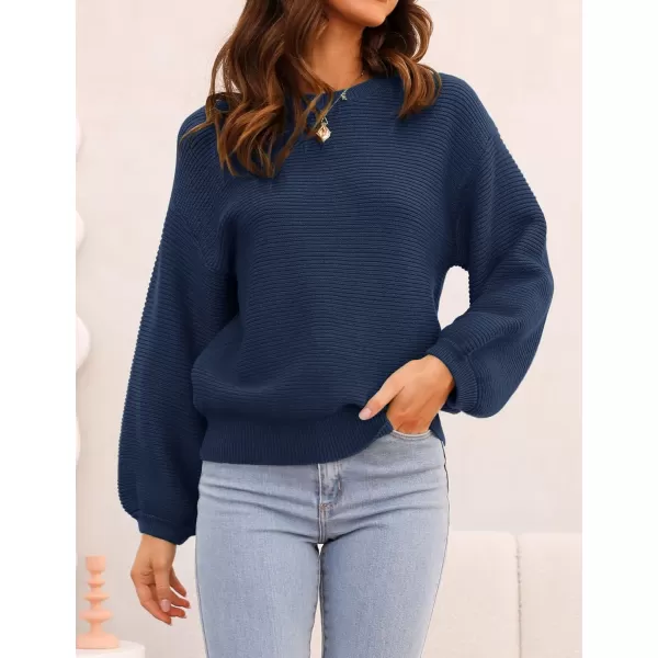 ZESICA Womens 2024 Crew Neck Long Lantern Sleeve Casual Loose Ribbed Knit Solid Soft Pullover Sweater TopsNavy