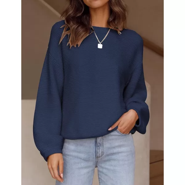 ZESICA Womens 2024 Crew Neck Long Lantern Sleeve Casual Loose Ribbed Knit Solid Soft Pullover Sweater TopsNavy