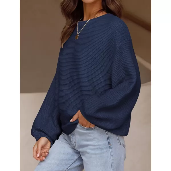 ZESICA Womens 2024 Crew Neck Long Lantern Sleeve Casual Loose Ribbed Knit Solid Soft Pullover Sweater TopsNavy