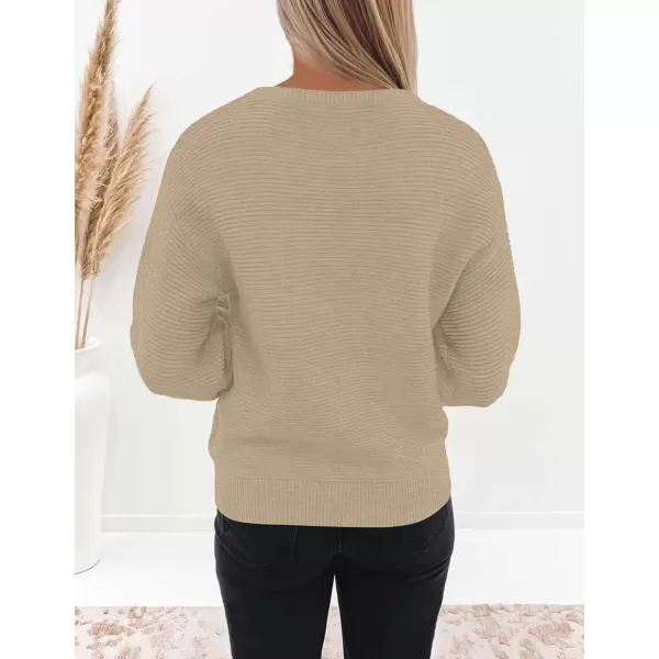 ZESICA Womens 2024 Crew Neck Long Lantern Sleeve Casual Loose Ribbed Knit Solid Soft Pullover Sweater TopsOatmeal