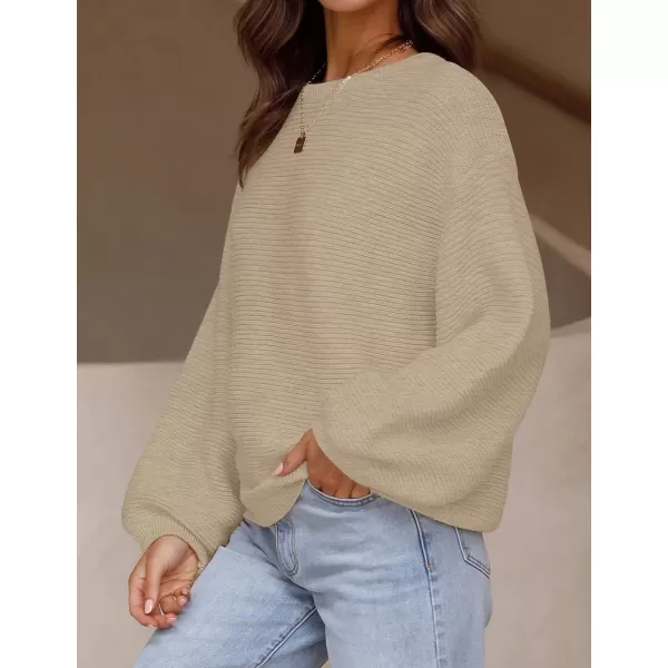 ZESICA Womens 2024 Crew Neck Long Lantern Sleeve Casual Loose Ribbed Knit Solid Soft Pullover Sweater TopsOatmeal