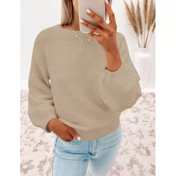 ZESICA Womens 2024 Crew Neck Long Lantern Sleeve Casual Loose Ribbed Knit Solid Soft Pullover Sweater TopsOatmeal