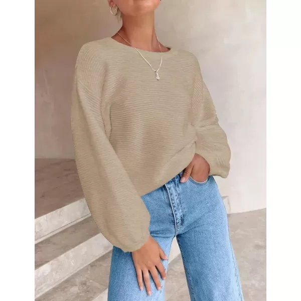 ZESICA Womens 2024 Crew Neck Long Lantern Sleeve Casual Loose Ribbed Knit Solid Soft Pullover Sweater TopsOatmeal