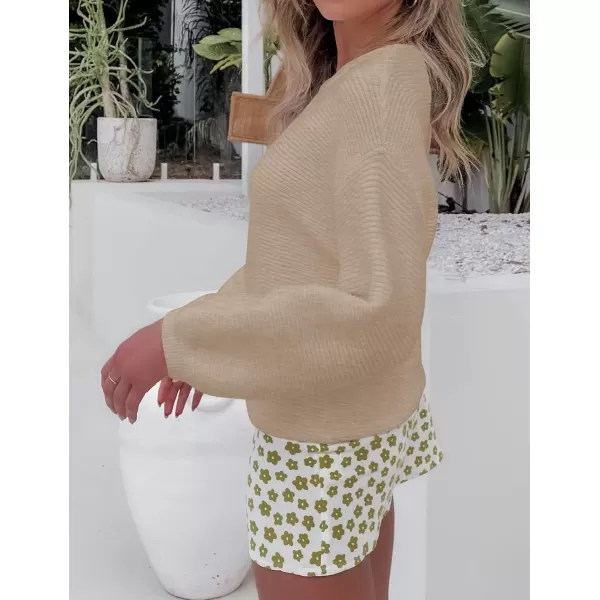 ZESICA Womens 2024 Crew Neck Long Lantern Sleeve Casual Loose Ribbed Knit Solid Soft Pullover Sweater TopsOatmeal
