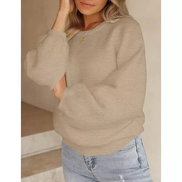 ZESICA Womens 2024 Crew Neck Long Lantern Sleeve Casual Loose Ribbed Knit Solid Soft Pullover Sweater TopsOatmeal