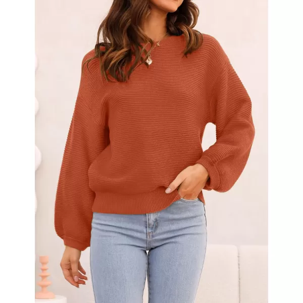 ZESICA Womens 2024 Crew Neck Long Lantern Sleeve Casual Loose Ribbed Knit Solid Soft Pullover Sweater TopsOrange