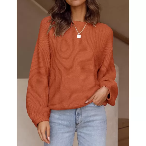 ZESICA Womens 2024 Crew Neck Long Lantern Sleeve Casual Loose Ribbed Knit Solid Soft Pullover Sweater TopsOrange