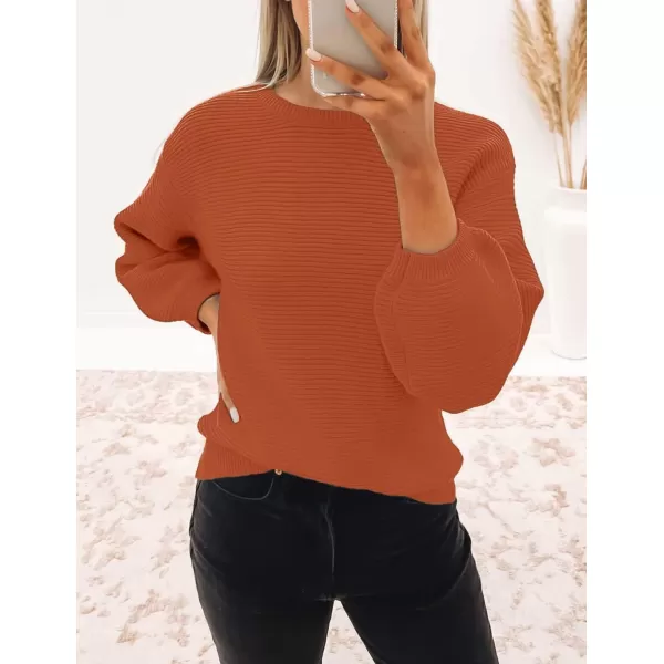 ZESICA Womens 2024 Crew Neck Long Lantern Sleeve Casual Loose Ribbed Knit Solid Soft Pullover Sweater TopsOrange