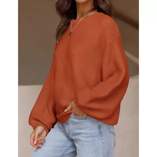 ZESICA Womens 2024 Crew Neck Long Lantern Sleeve Casual Loose Ribbed Knit Solid Soft Pullover Sweater TopsOrange