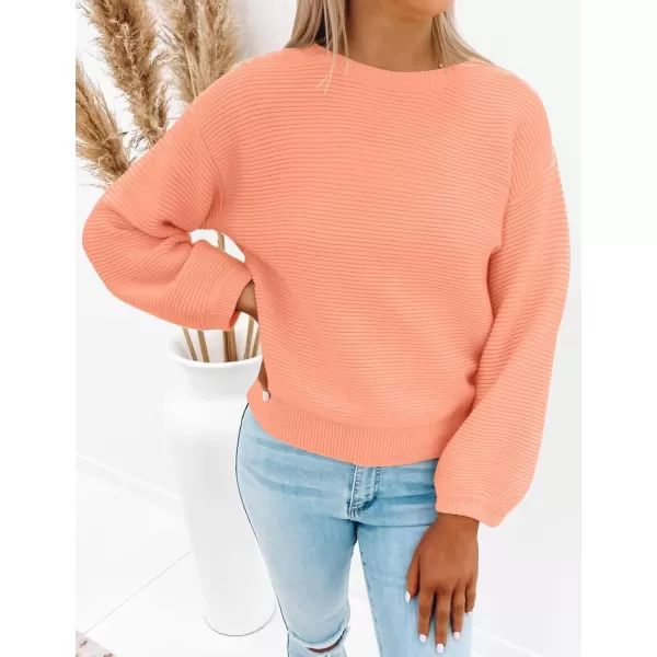 ZESICA Womens 2024 Crew Neck Long Lantern Sleeve Casual Loose Ribbed Knit Solid Soft Pullover Sweater TopsPeach