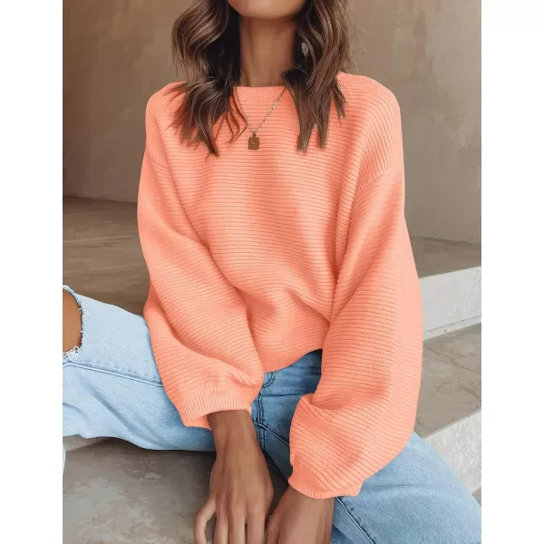 ZESICA Womens 2024 Crew Neck Long Lantern Sleeve Casual Loose Ribbed Knit Solid Soft Pullover Sweater TopsPeach
