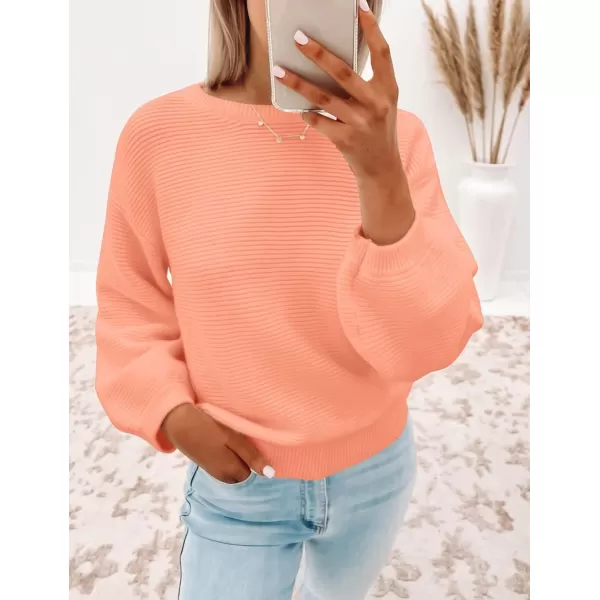 ZESICA Womens 2024 Crew Neck Long Lantern Sleeve Casual Loose Ribbed Knit Solid Soft Pullover Sweater TopsPeach