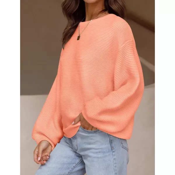 ZESICA Womens 2024 Crew Neck Long Lantern Sleeve Casual Loose Ribbed Knit Solid Soft Pullover Sweater TopsPeach