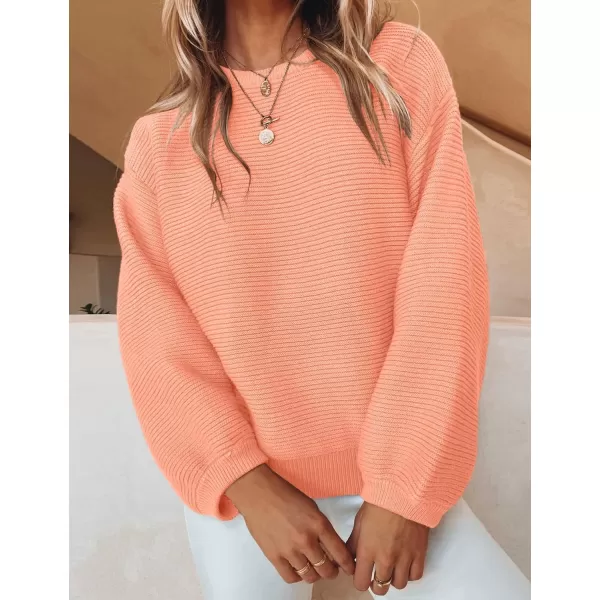 ZESICA Womens 2024 Crew Neck Long Lantern Sleeve Casual Loose Ribbed Knit Solid Soft Pullover Sweater TopsPeach