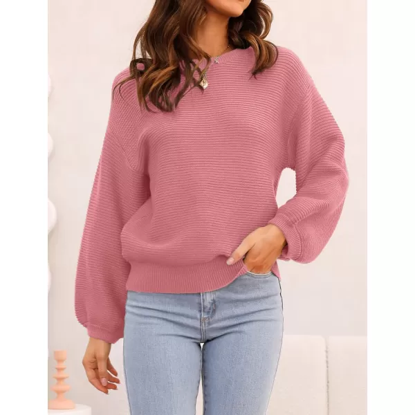 ZESICA Womens 2024 Crew Neck Long Lantern Sleeve Casual Loose Ribbed Knit Solid Soft Pullover Sweater TopsPink