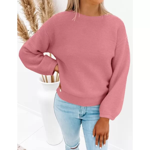 ZESICA Womens 2024 Crew Neck Long Lantern Sleeve Casual Loose Ribbed Knit Solid Soft Pullover Sweater TopsPink