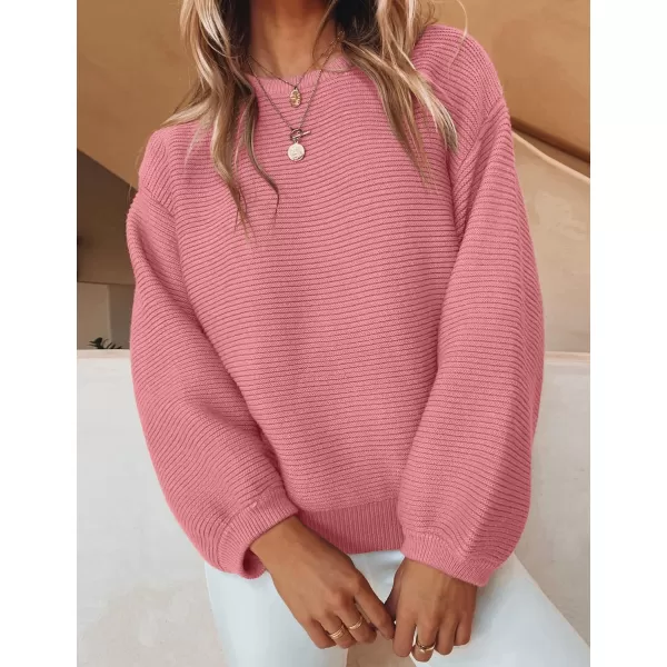 ZESICA Womens 2024 Crew Neck Long Lantern Sleeve Casual Loose Ribbed Knit Solid Soft Pullover Sweater TopsPink