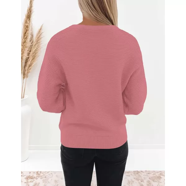ZESICA Womens 2024 Crew Neck Long Lantern Sleeve Casual Loose Ribbed Knit Solid Soft Pullover Sweater TopsPink