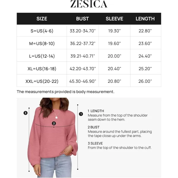 ZESICA Womens 2024 Crew Neck Long Lantern Sleeve Casual Loose Ribbed Knit Solid Soft Pullover Sweater TopsPink