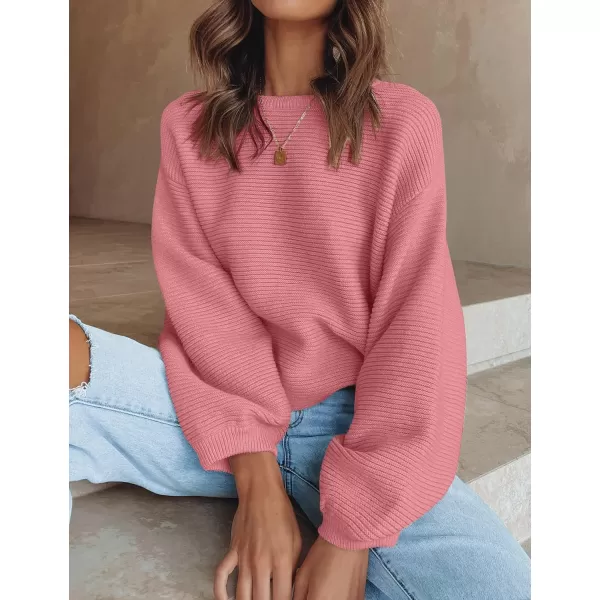 ZESICA Womens 2024 Crew Neck Long Lantern Sleeve Casual Loose Ribbed Knit Solid Soft Pullover Sweater TopsPink